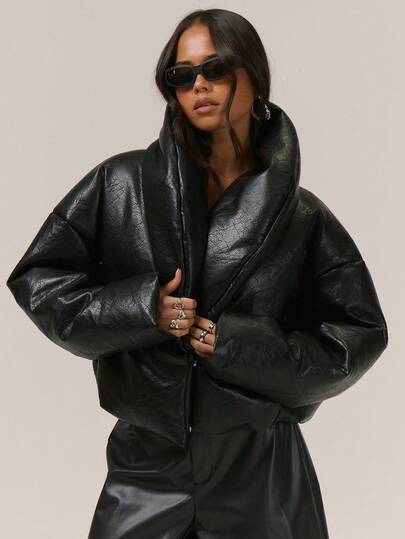 MUSERA Thick Padded Fold Over Collar Faux Leather Coat Night Out Autumn Fall Winter Back To School Everyday Outerwear  Party Elegant Evening