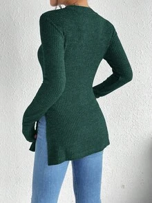 SHEIN Frenchy 纯色裂纹面料圆领下摆罗纹针织 T 恤 - 綠色 - 查看 2