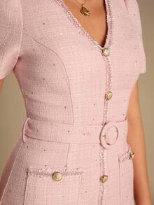 Enchnt Váy đi làm thanh lịch với trang trí sequin và thắt lưng - Hồng - Xem 2