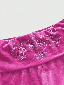 ROMWE Grunge Punk Y2K Velvet Cropped Hoodie And Low-Rise Flare Pants 2 Pieces Set For Women - Baby Pink - View 7