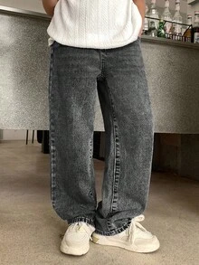 SHEIN 青少年男孩时尚休闲Y2K复古酷炫蓝色牛仔宽松舒适直筒牛仔裤，柔软舒适，适合日常穿着，也适合秋季、冬季返校、返校节、锐舞音乐节和海滩街头服饰，展现复古街头朋克Y2K风格，宽松牛仔裤 - 灰色 - 查看 6
