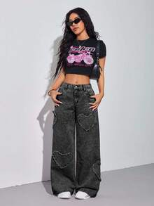 SHEIN PETITE 女式休闲百搭纽扣口袋阔腿直筒牛仔裤 - 黑色 - 查看 5