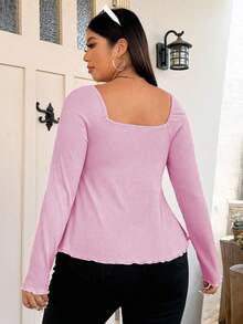 Vionelle Plus Size Women's Casual Sweetheart Neck Front Drawstring Ribbed Long Sleeve Babydoll Tee, Spring/Autumn - Pink - View 2