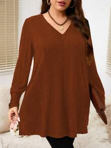 EMERY ROSE Plus Size Casual Solid Color Side Slit Long Sleeve T-Shirt, Autumn