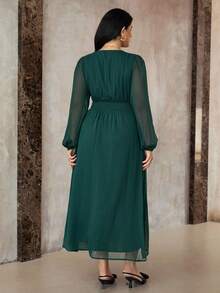 Roveilla 大码女式优雅复古中东风格雪纺连衣裙，褶皱面料，褶皱，腰部扭纹，A 字廓形，灯笼袖，长袖，适合下午茶、派对、春秋冬 - 墨綠色 - 查看 2