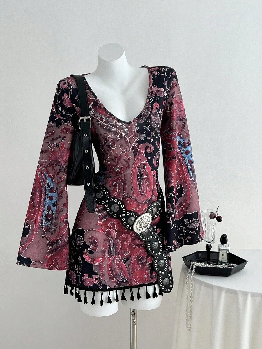 Elamini 1 chiếc váy len ngắn cho nữ, nhiều màu sắc, họa tiết hoa hạt điều bohemian, tay dài, mặc thường ngày/đi làm hàng ngày - Nhiều màu - Xem 1