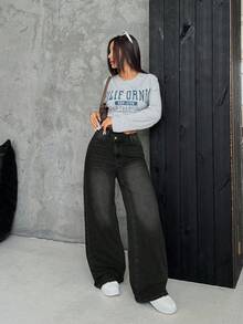 SHEIN PETITE 女式斜襟厚牛仔阔腿裤，蓝色