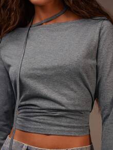 Athîral Camiseta Casual de Manga Longa Plissada de Cor Sólida Versátil para Mulheres - Cinza - Visão 4