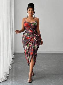 Maweii 大码女式扎染印花褶饰紧身露背连衣裙 - 紅色 - 查看 1