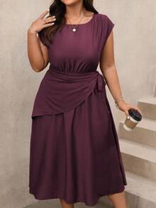 Vionelle 大码女式春夏单竹针织优雅亚麻度假沙滩裙，欧美风格休闲派对圆领荷叶边肩部系带蝴蝶结，弹力宽松蝙蝠袖长裙 - 紫紅色 - 查看 4