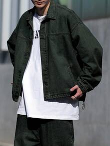 Claim Dot 男士休闲水洗通勤牛仔夹克，复古摇滚风，秋季款 - 墨綠色 - 查看 8