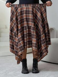 SHEIN CURVE+ 大码不对称下摆棕色灯芯绒格子裙，秋冬 - 彩色 - 查看 3