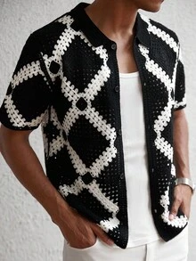 Manfinity Hypemode Men's Boxy Fit Button Through Crochet Knit Shirt