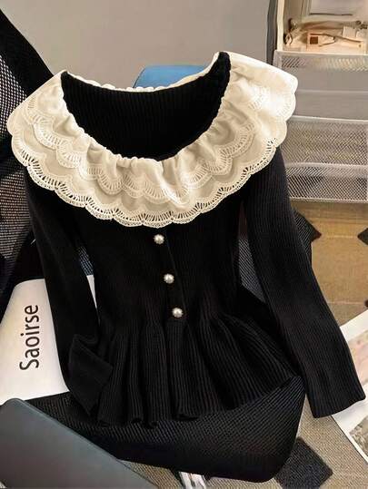 GlowEve CURVE 大码女式蕾丝花边领荷叶边下摆毛衣，青春优雅