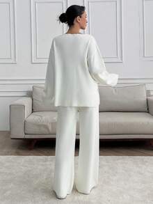 EURMUSE Petite Petite Women V-Neck Oversize Sweater And Knit Pant Set - White - View 8