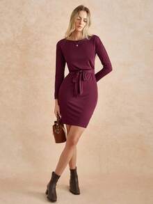 Écloséra European & American Casual Everyday Versatile Long Sleeve Belted Loose Knit Elastic Black Dress For Women, Autumn/Winter - Burgundy - View 3