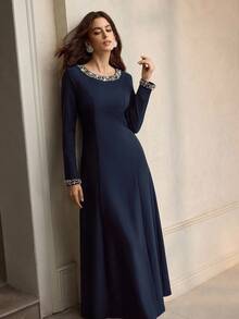 ZEYLAH Elegant Minimalist Rhinestone Embellished Long Dress For Women - Royal Blue - View 6
