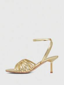 CUCCOO SZL Sandalias de tacón alto con diseño de hebilla y punta cuadrada minimalista para mujer, color dorado - Dorado - Ver 5