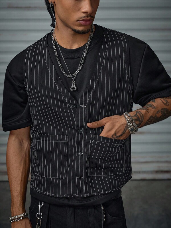 AXEPEAK Colete Casual Listrado com Bolsos Duplos para Homens, para Outono e Inverno