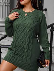 Easura Plus Cable Knit Sweater Dress, Winter Fall Cloth For Women Autumn - Green - View 6