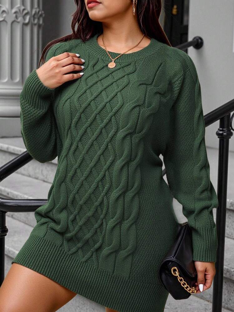 Plus Cable Knit Sweater Dress, Winter Fall Cloth For Women Autumn