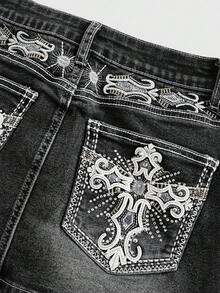 ROMWE Grunge Punk Y2K 复古露脐迷你裙，带口袋、十字架和翅膀刺绣（含紧身裤） - 黑色 - 查看 3