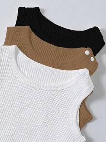 SHEIN Vintaside Kids 3件組嬰兒夏季休閒套裝 背心連身衣 柔軟棉質面料 棕色系 白色 黑色 混色灰 基礎款 親子穿搭 - 彩色 - 查看 8