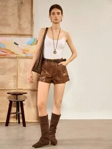Chiquease Women's Retro Elegant Commuter Metal Decor Contrast Color Leather Shorts, Autumn/Winter - Brown - View 4