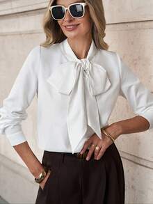 Solivie 秋季女士白色系带领打底衬衫，百搭休闲优雅基础款，适合女士感恩节穿着，白色上衣休闲春夏办公着装：优雅正式通勤；教师着装。百搭休闲衬衫，宽松优雅女士上衣 - 白色 - 查看 6