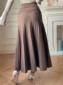 DAZY 女士优雅纯色A字型毛衣半裙，秋冬女装半裙 - 棕色 - 查看 2