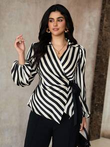 Roveilla Plus Size Elegant Commuter Striped Tie-Wrap Shirt Women Blouses Elegant Wrap Tops For Women Tie Front Blouse Stripe Top Striped Blouse - Black - View 3