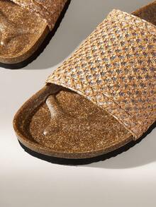 女士时尚黑色平底凉鞋，夏季沙滩度假休闲拖鞋 - 棕色 - 查看 5