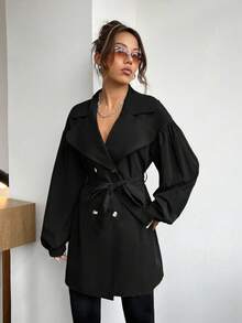SHEIN EZwear 秋季大码休闲纯色双排扣风衣 - 黑色 - 查看 7