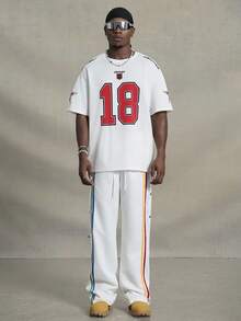 PAVTROS 男士简约纯色拼接前系带休闲直筒裤，彩虹条纹，侧开口设计白色裤子，嘻哈长款宽松裤，适合丈夫，男朋友礼物，男士复古裤，运动裤，街头潮流裤，Y2K裤，返校季 - 白色 - 查看 3