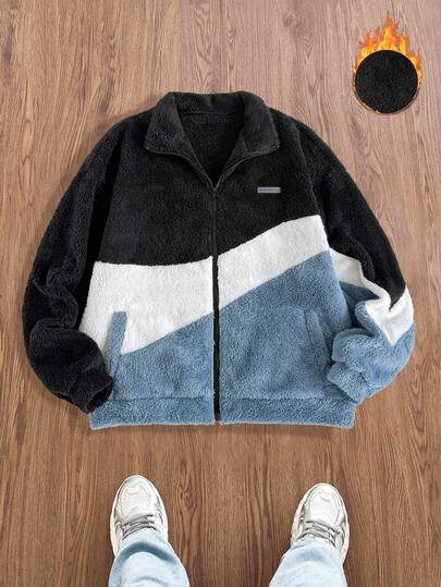 SWAVVY 男士标准尺码抓绒仿毛皮拼接外套，适合秋冬季节，弹力面料