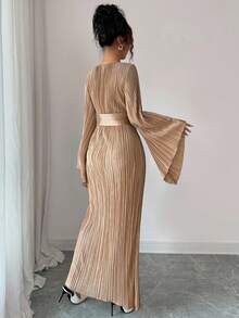 Elenzga 优雅派对纯色喇叭袖连衣裙 - 杏色 - 查看 2