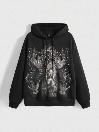 Goth sweat-shirt à capuche noir avec poche, graphique de rue mystérieux et sombre de la Vierge Marie gothique avec des vignes