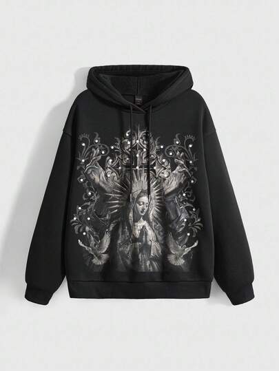 Goth Sudadera con capucha negra suelta con gráfico de calle, Virgen María gótica, misteriosa y con enredaderas