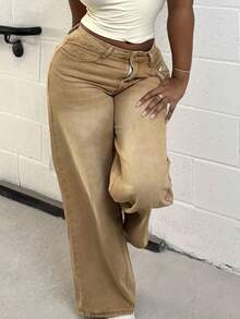 Alexandranx 女士休闲百搭牛仔裤，带口袋，宽松阔腿裤 - 卡其色 - 查看 3