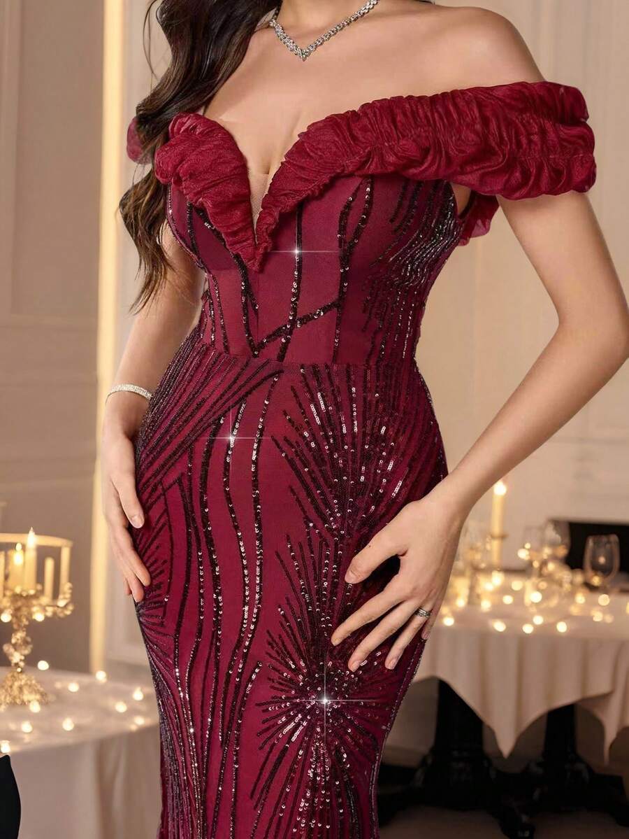 Coutiva 秋冬优雅亮片定位拼接性感单肩荷叶边下摆修身鱼尾裙正式晚礼服，适合派对穿着、婚礼嘉宾、毕业典礼