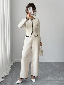 SHEIN Teen Girls Tweed Texture Contrast Color Ruffle Trim Pearl Button Decor Round Neck Top And Wide Leg Pants Set, Elegant French Style 2 Pieces Outfit Fall Winter - Apricot - View 3