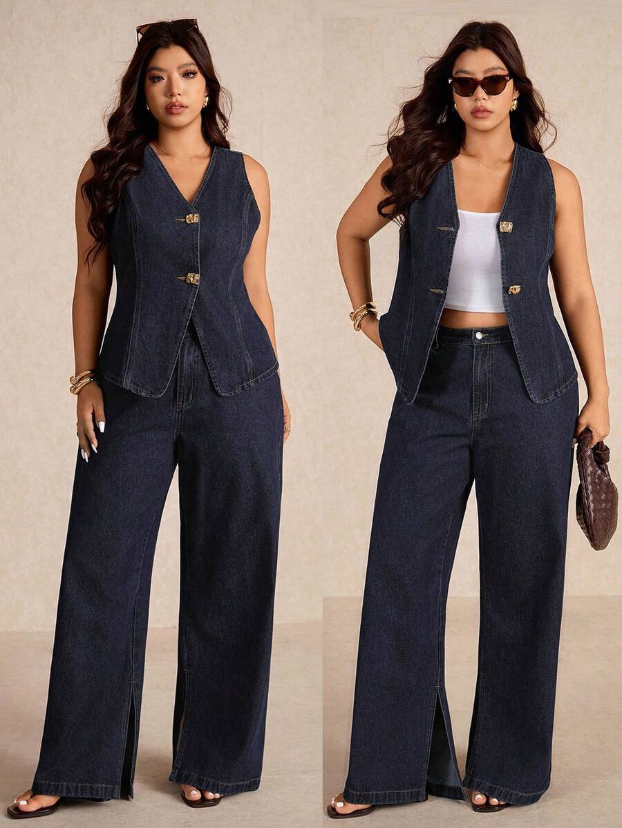 Elaquor 大码女式金属单排扣牛仔背心和阔腿牛仔裤休闲两件套 - 深色水洗藍 - 查看 1