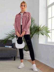 SHEIN LUNE Pocket Front Cord Shirt,Long Sleeve Tops,Casual - Dusty Pink - View 4