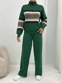 EURMUSE Women's Geometric Pattern High Neck Sweater 2pcs/Set - Multicolor - View 4