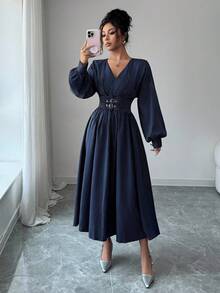 Modelyn 女式长袖交叉领口收腰A字条纹蓝色连衣裙 - 藍色 - 查看 4