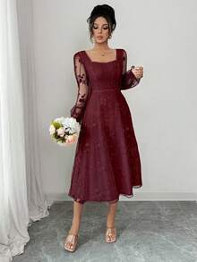 Rafferiza 优雅蕾丝提花连衣裙 - 酒紅色 - 查看 7