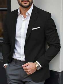 Manfinity Mode Men Space Dye Pocket Single Breasted Blazer Black Dress Shirt Business Casual Elegant Slim Fit Suit