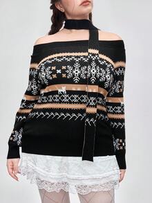 ROMWE Kawaii 加大码前卫复古费尔岛雪花圣诞猫咪嵌花图案柔软女性舒适冬季套头毛衣，加大码秋冬费尔岛露肩系带套头毛衣，加大码女式秋冬套头毛衣上衣，加大码复古圣诞派对费尔岛套头毛衣，优雅复古节日派对加大码女式毛衣 - 彩色 - 查看 4