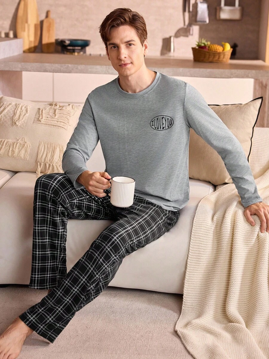 Manfinity Underwear&Sleepwear Basics 男士字母印花圆领长袖上衣和格子裤家居服套装，秋季服装，圣诞节 - 淺灰色 - 查看 1
