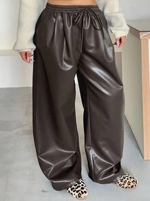 Dazy Plus 大码女式宽松直筒PU皮裤，腰部抽绳，休闲街头风格，适合秋冬季 - 棕色 - 查看 3